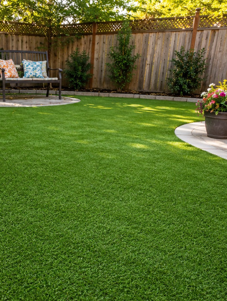 Freshly cleaned and groomed artificial turf beside a patio seating area