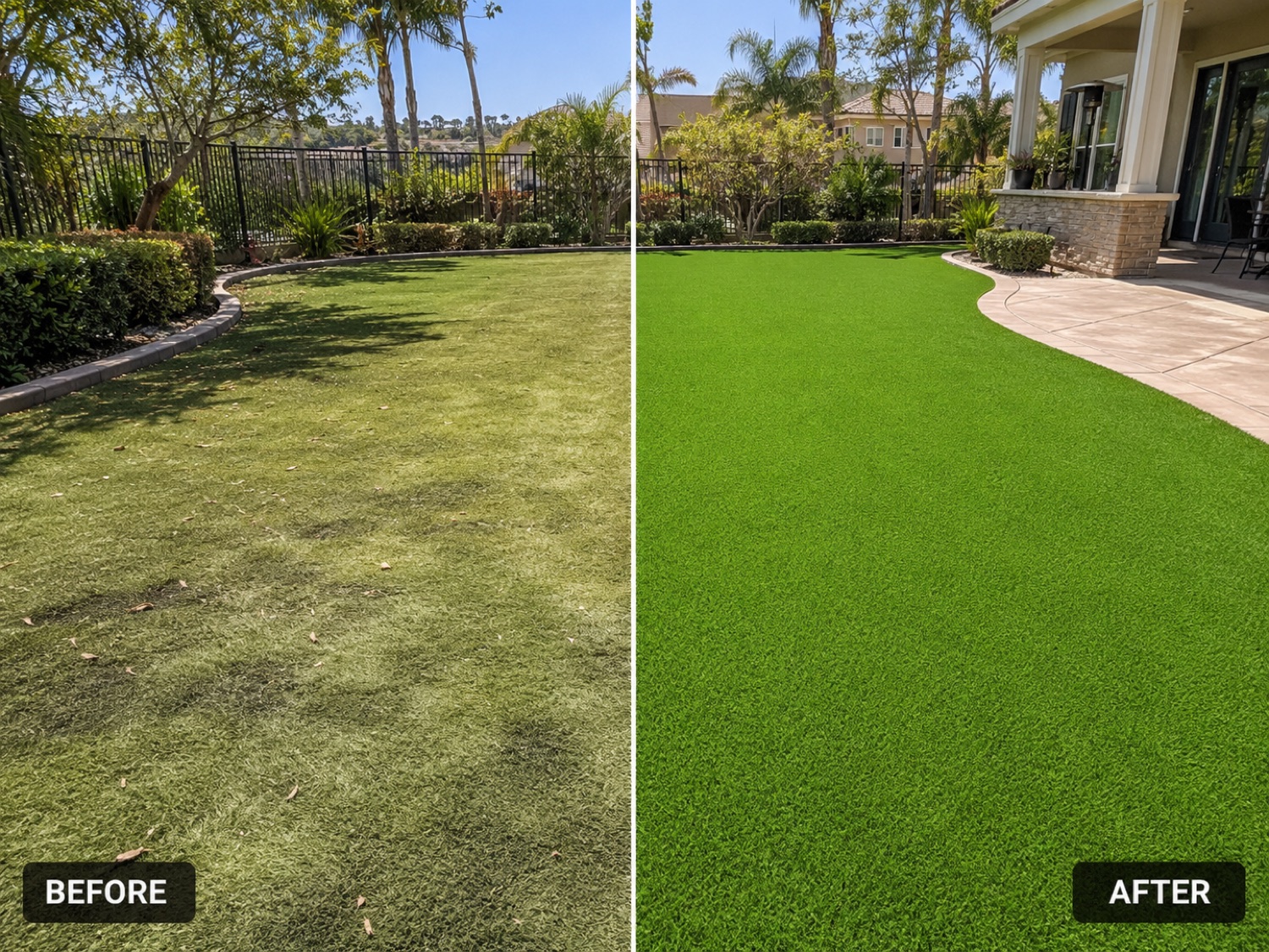 Side-by-side before and after of a backyard artificial turf cleaning