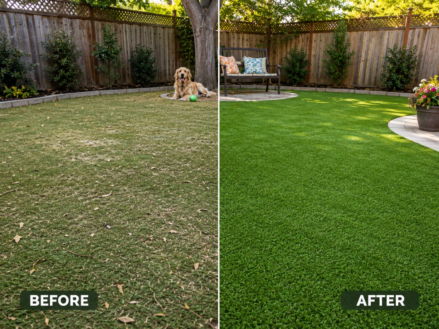 Side-by-side before and after of a fenced backyard turf refresh