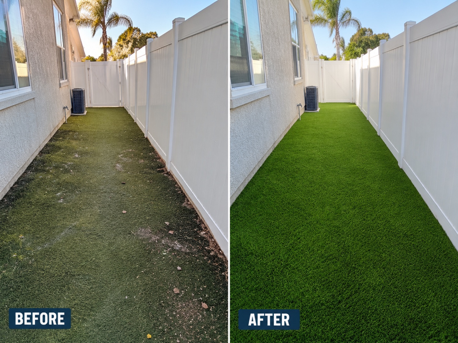 Side-by-side before and after of a side-yard dog run turf cleaning
