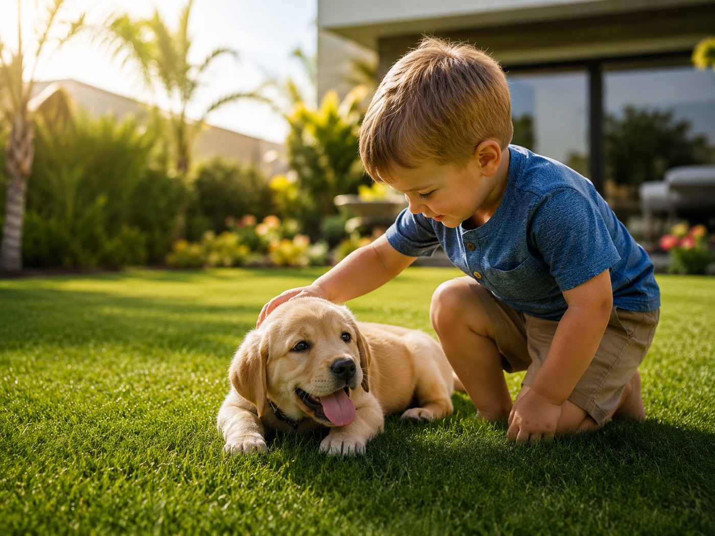 A young boy petting a puppy on clean artificial turf