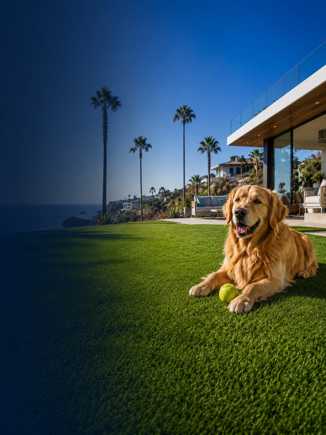 A golden retriever relaxing on clean artificial turf